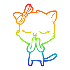 rainbow gradient line drawing cartoon cat with bow on head