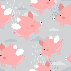 Happy pigs with wings, hand drawn backdrop. Colorful seamless pattern with animals, clouds. Decorative cute wallpaper, good for printing. Overlapping background vector. Design illustration