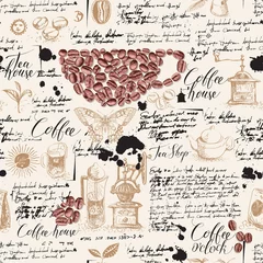 Fototapete Kaffee Vektor nahtlose Muster zum Thema Tee und Kaffee im Retro-Stil. Verschiedene Kaffee- und Teeskizzen, Flecken und Inschriften auf dem Hintergrund eines alten Manuskripts. Kann als Tapete oder Geschenkpapier verwendet werden