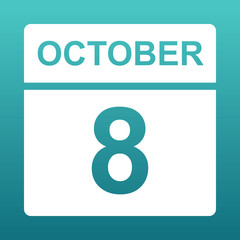 October 8. White calendar on a colored background. Day on the calendar. Eighth of october. Blue green background with gradient. 