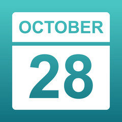 October 28. White calendar on a colored background. Day on the calendar. Twenty-eighth of october. Blue green background with gradient. 
