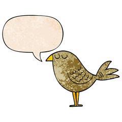 cartoon bird and speech bubble in retro texture style