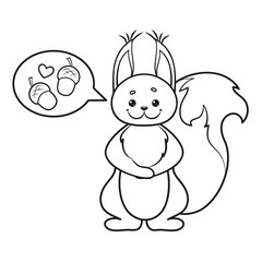 Coloring page with a squirrel and a pair of acorns. Vector Illustration.