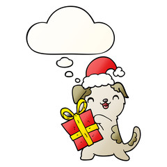 Obraz premium cute cartoon puppy with christmas present and hat and thought bubble in smooth gradient style