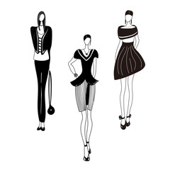 Vector illustration with girls, models, siluets. Sketch.Fashion print