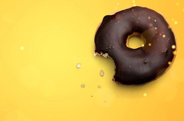 Bitten doughnut with chocolate glaze on white background