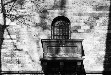 Balcony and window with jewish simbols in black and white