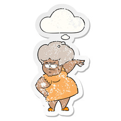 cartoon angry old woman and thought bubble as a distressed worn sticker