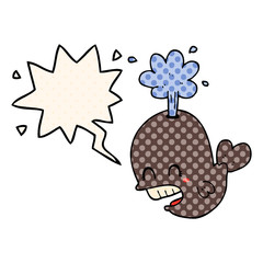 cartoon spouting whale and speech bubble in comic book style