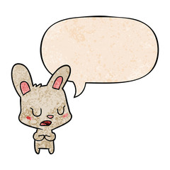 cartoon rabbit talking and speech bubble in retro texture style