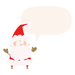 cartoon confused santa claus shurgging shoulders and speech bubble in retro style
