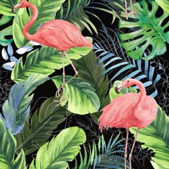Handgezeichnetes, aquarellfarbenes, nahtloses Muster mit rosafarbenem Flamingo, Bananenblättern und exotischen Pflanzen. Wiederholen Sie die Hintergrundabbildung © anastasianio