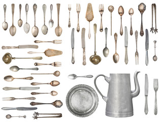 Set of beautiful antique items, old silverware. Retro. Vintage. Isolated on white background