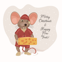 Cartoon Christmas vector mouse. Holiday card with cute rat and cheese.