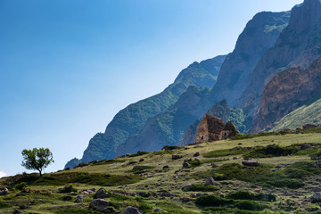 Distant view of medieval tombs in City of Dead near Eltyulbyu, Russia