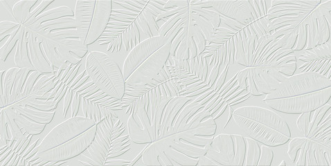 Composition d& 39 œuvres d& 39 art horizontales de feuilles vertes tropicales à la mode - monstera, palmier et ficus elastica isolés sur fond blanc (rendu par ordinateur).