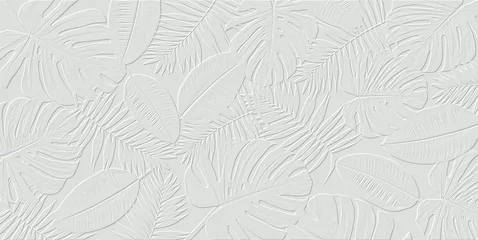 Papier Peint photo Lavable Gris Composition d& 39 œuvres d& 39 art horizontales de feuilles vertes tropicales à la mode - monstera, palmier et ficus elastica isolés sur fond blanc (rendu par ordinateur).