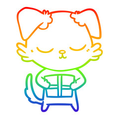rainbow gradient line drawing cute cartoon dog with christmas present