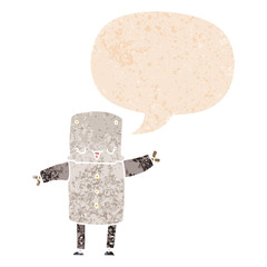 cartoon robot and speech bubble in retro textured style