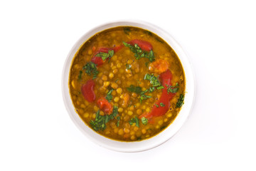 Indian lentil soup dal (dhal) in a bowl isolated on white background. Top view