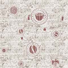 Vektornahtloses Muster zum Thema Kaffee mit verschiedenen Kaffeesymbolen und Inschriften auf einem Hintergrund des alten Manuskripts im Retrostil. Kann als Tapete oder Geschenkpapier verwendet werden