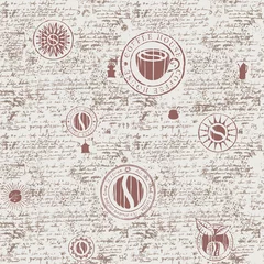 Foto op Plexiglas Koffie Vector naadloos patroon op het koffiethema met verschillende koffiesymbolen en inscripties op een achtergrond van oud manuscript in retrostijl. Kan worden gebruikt als behang of inpakpapier