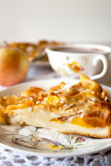 Homemade baked slice fruit berry tart, pie or cake on plate with cotton napkin. Holyday concept