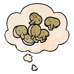 cartoon chopped mushrooms and thought bubble in grunge texture pattern style