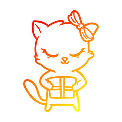 warm gradient line drawing cute cartoon cat with bow