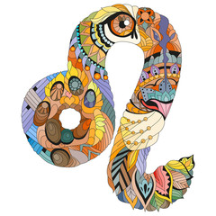 Leo zodiac sign cute cartoon lion character retro zentangle stylized in vector
