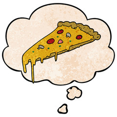 cartoon pizza slice and thought bubble in grunge texture pattern style
