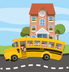 school building and bus with kids in the road scene