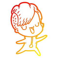 warm gradient line drawing cute cartoon girl with hipster haircut