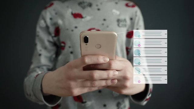 Close up of young teenage girl typing message on smartphone with smartphone text massage animation appearing . Close up female hands. Social network animation. Social media message.