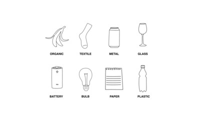 Hand drawn recycling icons vector illustration. Set of minimalistic linear recycle pictograms: organic, textile, paper, bulb, battery, glass, metal, plastic. isolated on white background.