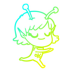 cold gradient line drawing smiling alien girl cartoon running