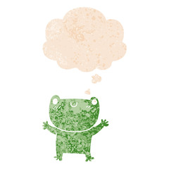 cartoon frog and thought bubble in retro textured style