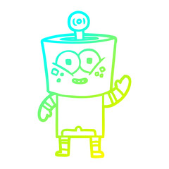 cold gradient line drawing happy cartoon robot waving hello