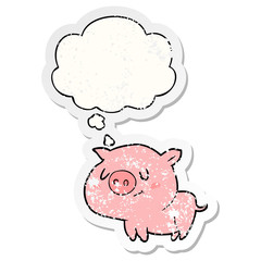 cartoon pig and thought bubble as a distressed worn sticker