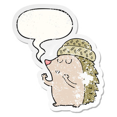 cartoon hedgehog wearing hat and speech bubble distressed sticker
