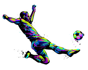 Obraz na płótnie Canvas Footballer with the ball. Abstract, graphic, multi-colored image of a soccer player kicking the ball on a white background in pop art style with watercolor splashes.