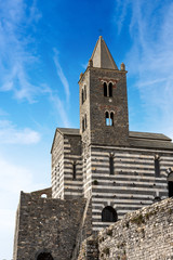 Medieval church of San Pietro (St. Peter consecrated in 1198) in Portovenere or Porto Venere, UNESCO world heritage site. La Spezia, Liguria, Italy, Europe