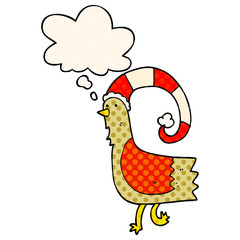 cartoon chicken in funny christmas hat and thought bubble in comic book style