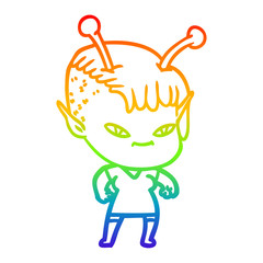 rainbow gradient line drawing cute cartoon alien girl
