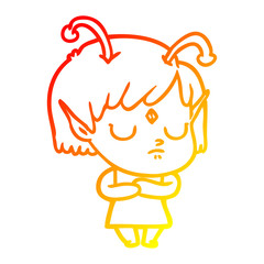 warm gradient line drawing cartoon alien girl