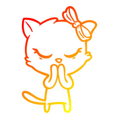 warm gradient line drawing cute cartoon cat with bow
