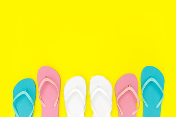 flip flops shoes  , top view, with copy space. Toe sandals flat lay, text place. Summer  holiday  concept