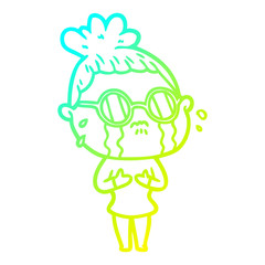 cold gradient line drawing cartoon crying woman wearing dark glasses