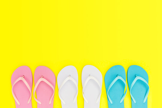 flip flops shoes  , top view, with copy space. Toe sandals flat lay, text place. Summer  holiday  concept
