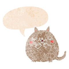 cartoon cute cat and speech bubble in retro textured style